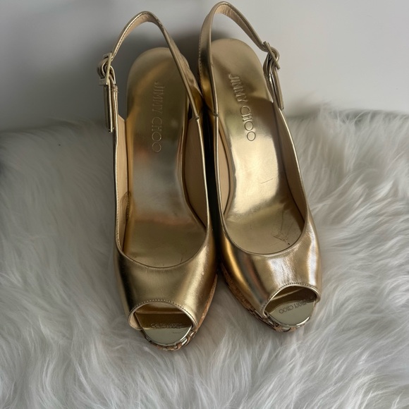 Jimmy Choo Gold Leather Laser Cut Cork Wedge Sandals - Picture 5 of 9
